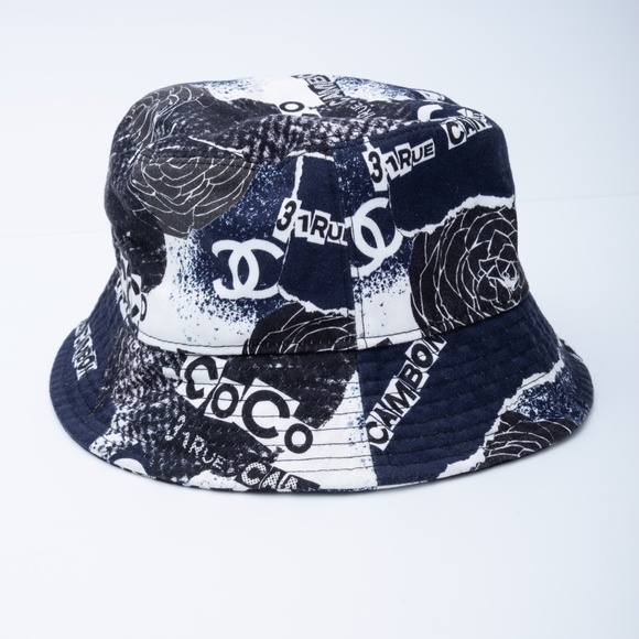 CHANEL COTTON COCO PRINT BUCKET HAT M NAVY BLACK WHITE - Picture 5 of 7